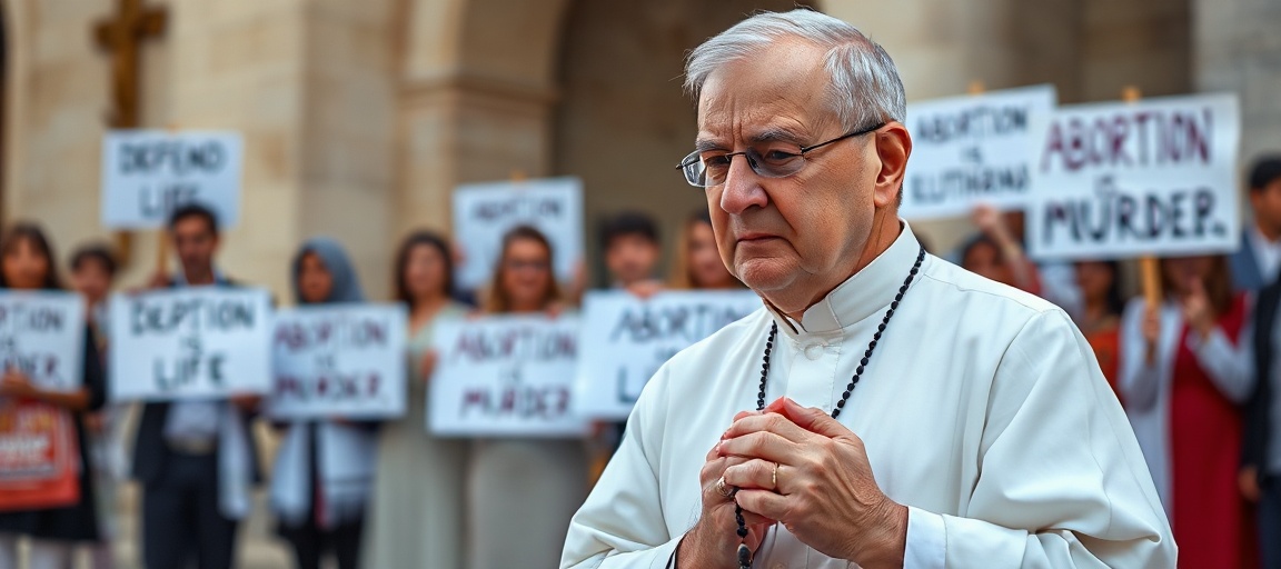 Obrázek przedstawiający katolickiego księdza modlącego się przed ołtarzem z różańcem w ręku, na tle protestów przeciwko aborcji na Malcie.