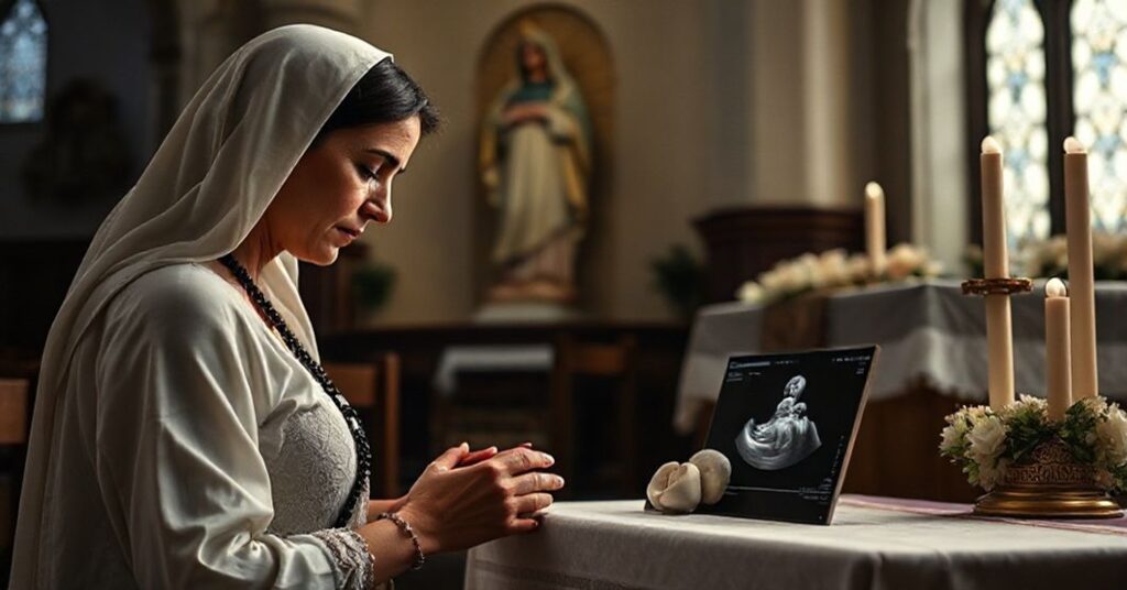 Kobieta modli się przed rzeźbą Matki Boskiej, trzymając różaniec i zdjęcie ultradźwiękowe dziecka płodowego