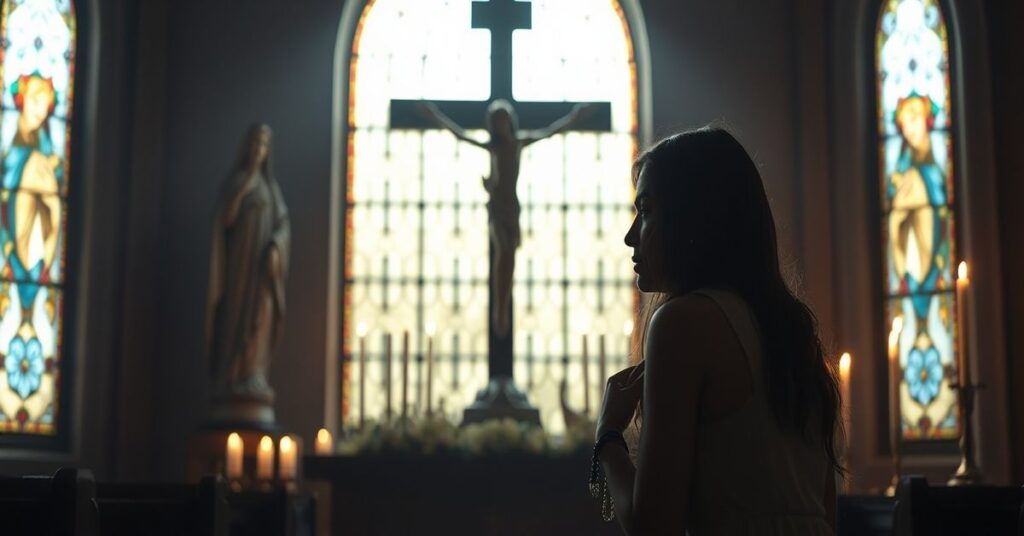 Kobieta modli się przed krzyżem w kaplicy z figurą Matki Boskiej Bolesnej i obrazem dziecka w łonie matki