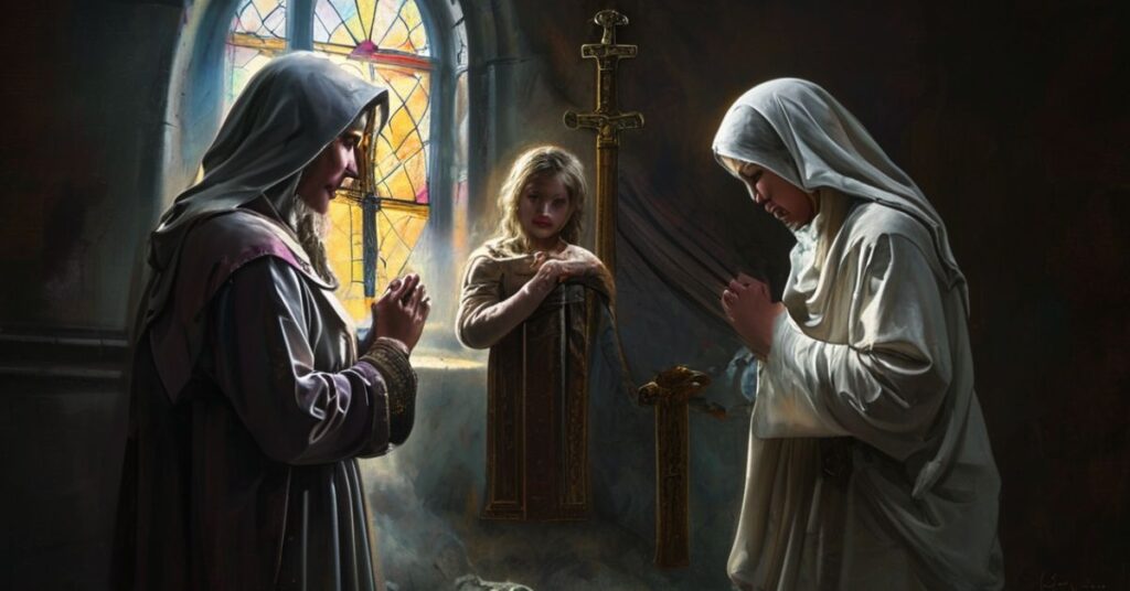 Kobieta w modlitwie przed krzyżem w kościele, symbolizująca duchową walkę z aborcją