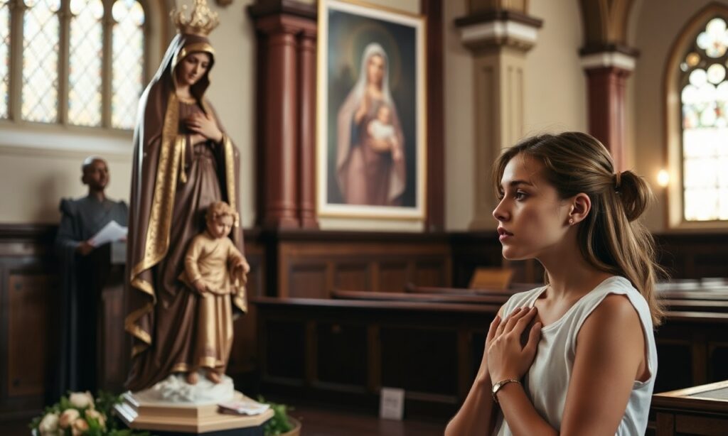 Młoda kobieta modli się w tradycyjnym kościele katolickim z figurą Matki Boskiej i Dzieciątka Jezus przed ołtarzem