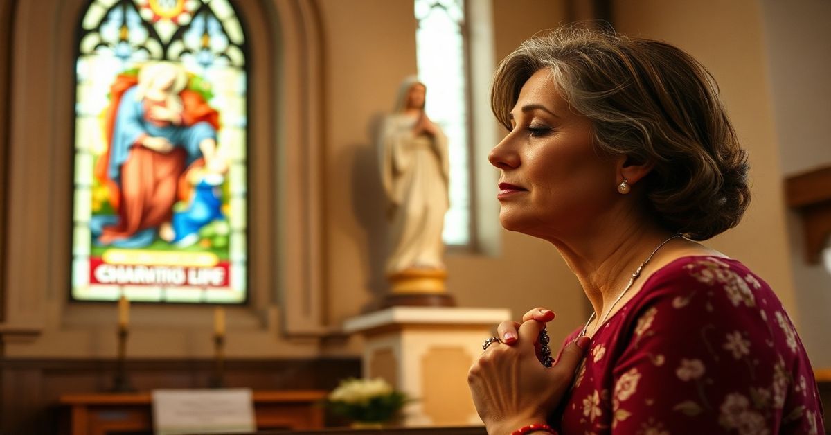 Kobieta trzymająca dłonie modlących się w kościele przed ołtarzem
