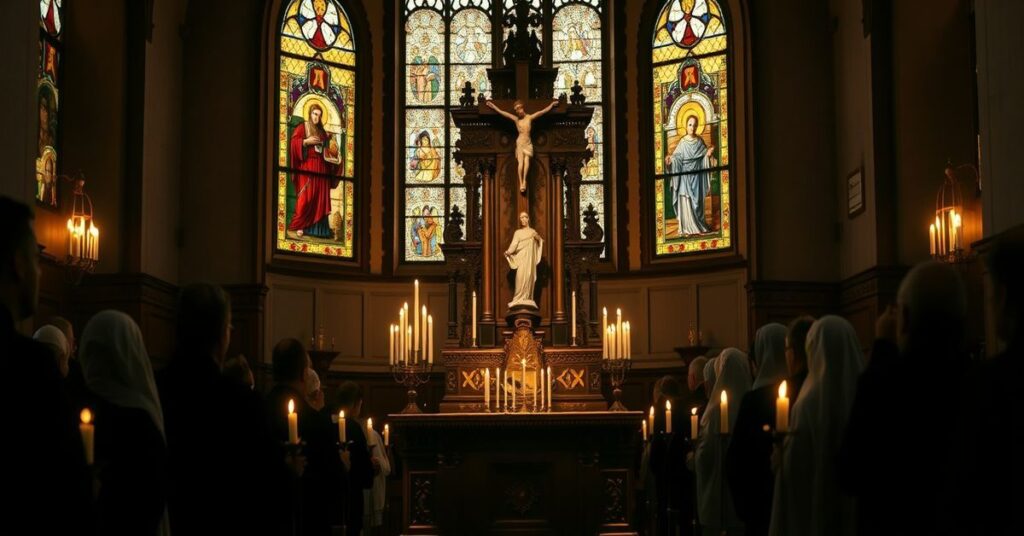 Tradycyjni katolicy modlący się w kościele przed ołtarzem z krzyżem i obrazami Świętej Rodziny.