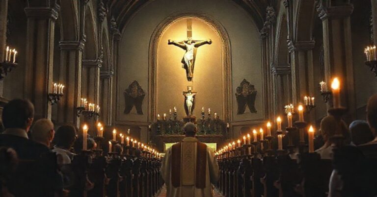 Przykład tradycyjnego wnętrza kościelnego z księdzem modlącym się przed krzyżem, otoczonym świeczkami. Scena odzwierciedla duchową walkę z kulturą śmierci i propagandą aborcyjną.