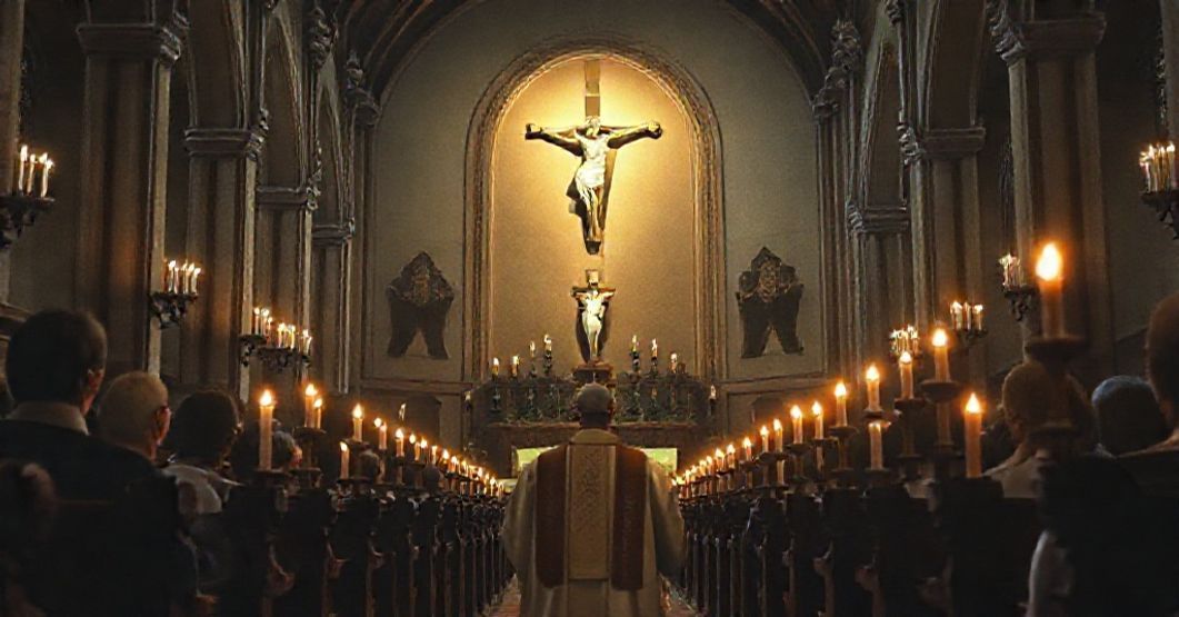 Modlitwa za życie - walka z kulturą śmierci Przykład tradycyjnego wnętrza kościelnego z księdzem modlącym się przed krzyżem, otoczonym świeczkami. Scena odzwierciedla duchową walkę z kulturą śmierci i propagandą aborcyjną.