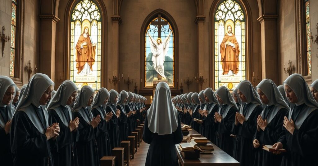 Grupa zakonnic modli się w tradycyjnej kaplicy z krucyfiksami i książkami liturgicznymi na tle witraży przedstawiających Chrystusa Króla