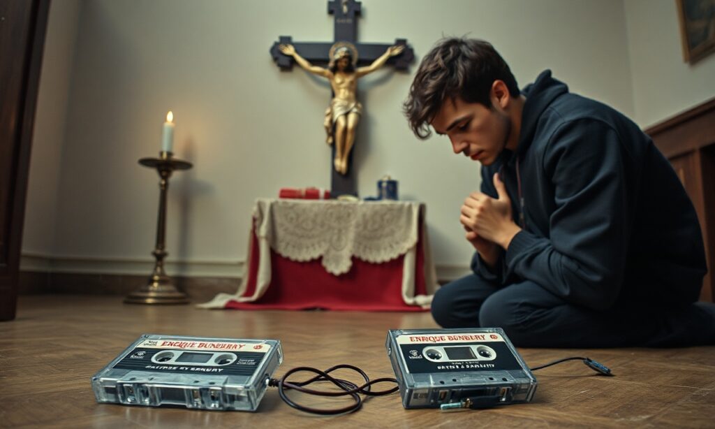 Młody mężczyzna modli się przed krucyfiksem, z zapomnianą kasetą muzyki Enrique Bunbury na podłości.