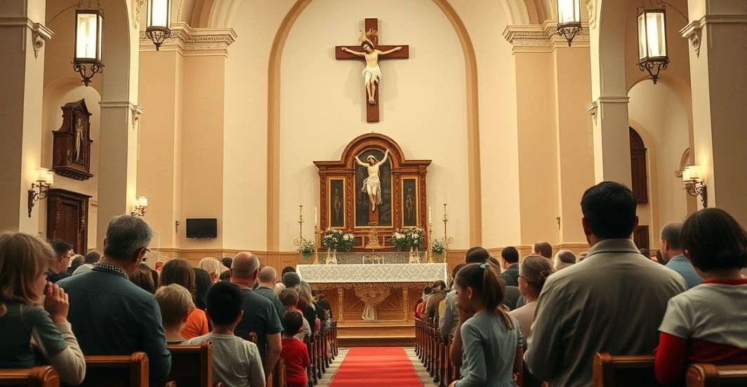 Modlące się dzieci w tradycyjnym sanktuarium katolickim podczas liturgii Sanktuarium katolickie z dziećmi modlącymi się przed ołtarzem, oddającymi cześć Chrystusowi Królowi, w tradycyjnym, pełnym szacunku kontekście kościelnym