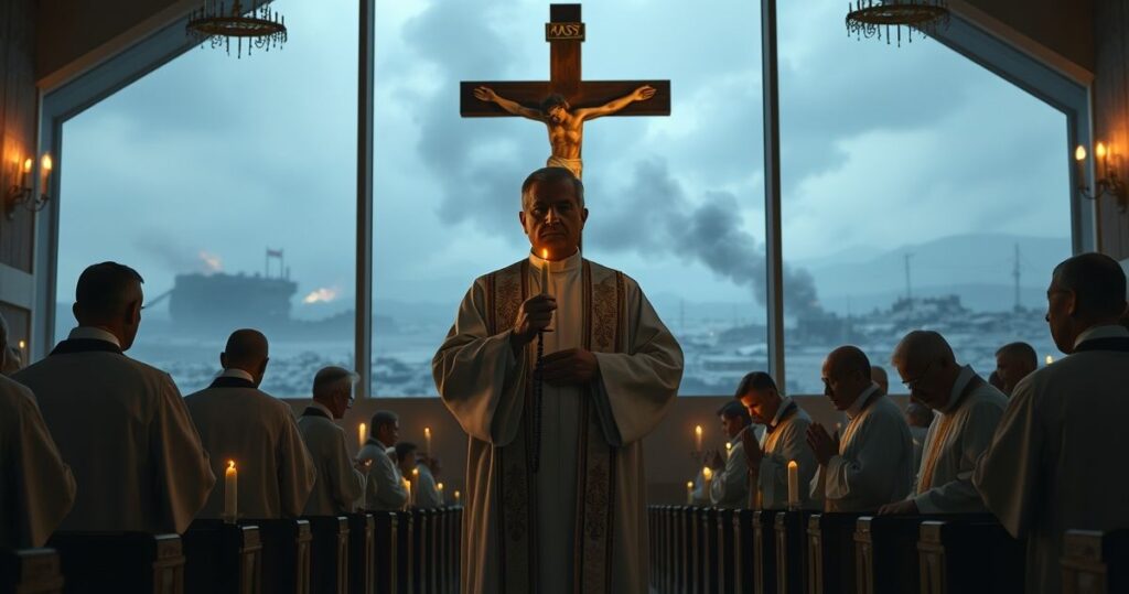Skrupulatnie sfotografowana scena w tradycyjnym kościele katolickim, ukazująca kapłanów modlących się za pokój i dusze ofiar konfliktu w Gazie, z krzyżem i świecami, wyrażająca powagę i duchową refleksję.