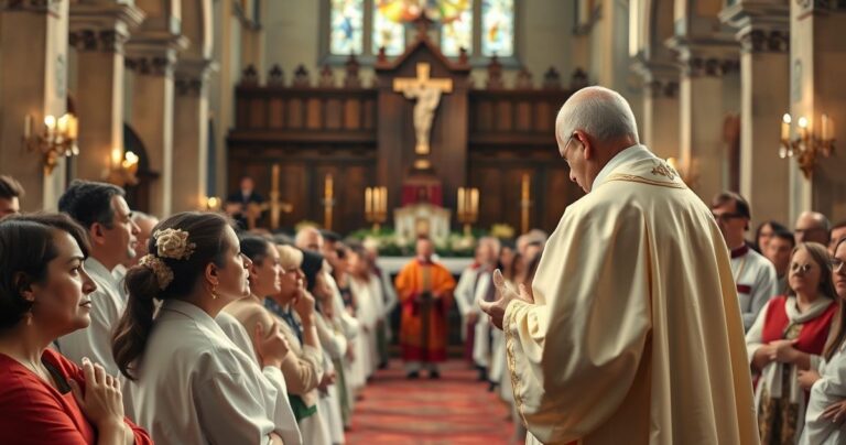 Uczestnicy modlą się w kościele za ofiary konfliktu w Gazie, z kapłanem w tradycyjnych szatach, odzwierciedlając pokorę i nadzieję na Bożą sprawiedliwość