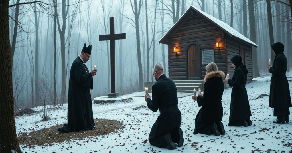 Modlitewny nabożeństwo katolików w miejscu masakry w Hucie Pieniackiej