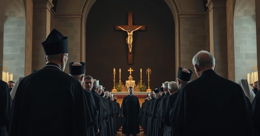 Rekreacja katolickiej modlitwy na Jasnej Górze z kapłanami i wiernymi, wyrażająca krytykę nowoczesnych hierarchów i odwołanie do prawdziwego królestwa Chrystusa