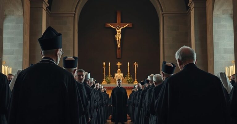 Rekreacja katolickiej modlitwy na Jasnej Górze z kapłanami i wiernymi, wyrażająca krytykę nowoczesnych hierarchów i odwołanie do prawdziwego królestwa Chrystusa