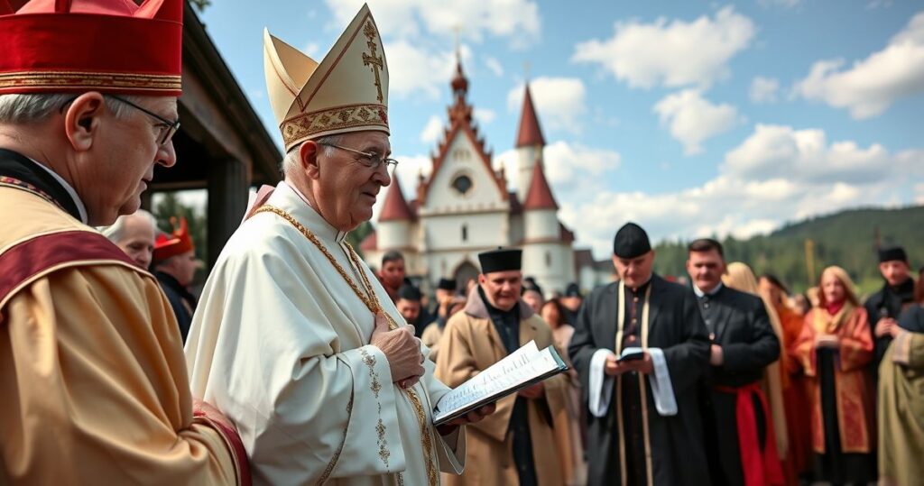 Obraz przedstawiający abp. Wojdę podczas uroczystej modlitwy na Jasnej Górze, ukazujący tradycyjne elementy katolickiego protestu i duchowej wierności.