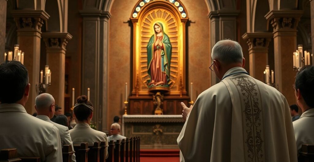 Religijne, poważne zdjęcie katolickiego kościoła z kapłanem modlącym się przed obrazem Matki Bożej Częstochowskiej