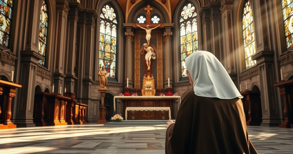 Rekolekcja katolicka, starsza zakonnica modląca się przed krzyżem w kościele, scena pełna pokory i oddania