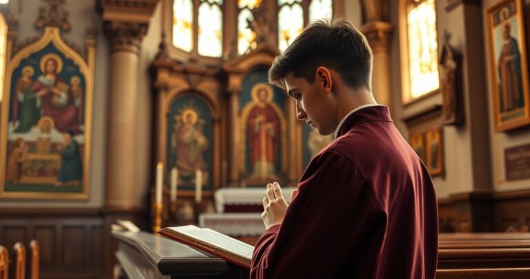 Uczestnik modli się w starej katolickiej świątyni z historycznymi ikonami i światłem witraży, symbolizującą wiarę i opór wobec reżimu komunistycznego