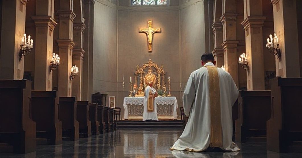Modlitwa katolicka w obliczu zagrożeń duchowych i militarnych Rekolekcje katolickie w kościele podczas modlitwy przed Najświętszym Sakramentem, refleksja nad zagrożeniami duchowymi i militarystycznymi