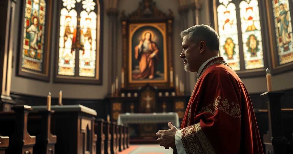 Fotografia realistyczna mężczyzny modlącego się przed ikoną św. Józefa w kościele, ukazująca głębokie nabożeństwo i duchową powagę