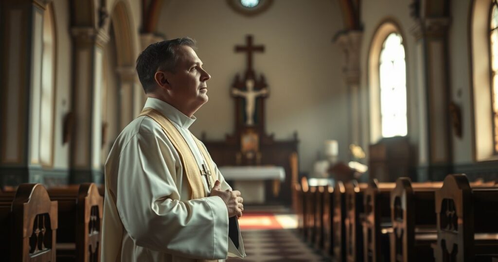 Katolicki kapłan modli się za duszę zmarłej, w poważnej i pełnej szacunku scenie religijnej