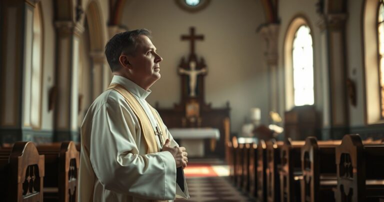 Katolicki kapłan modli się za duszę zmarłej, w poważnej i pełnej szacunku scenie religijnej
