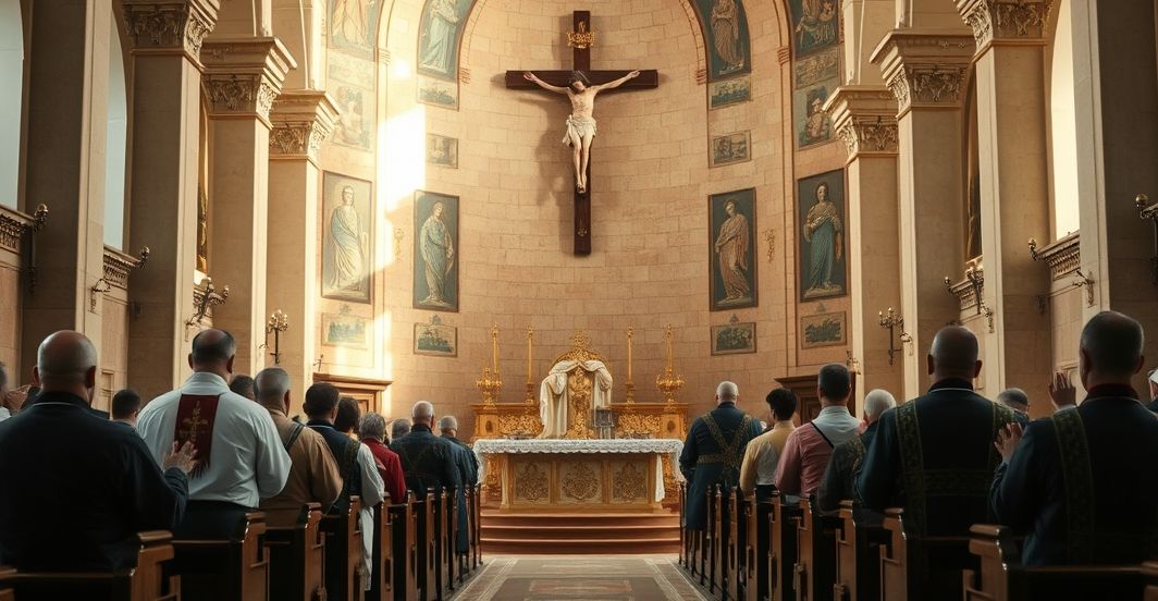 Sanktuarium katolickie z kapłanami modlącymi się za pokój i prawdziwą władzę Chrystusa Króla, w realistycznym, szacownym stylu