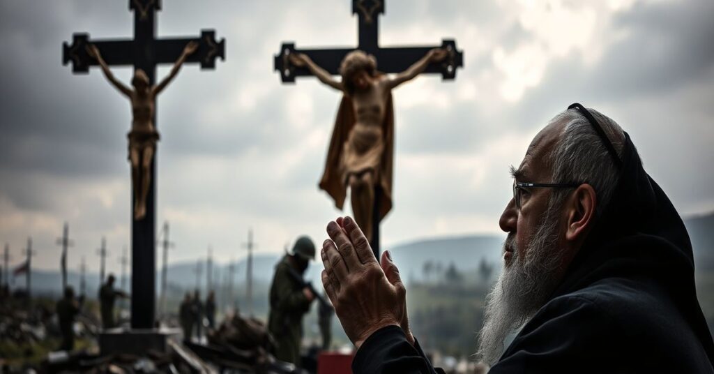 Katolicki tradycjonalista w modlitwie przed krzyżem na tle zniszczonego Krymu, refleksja nad kryzysem duchowym w czasie konfliktu geopolitycznego.