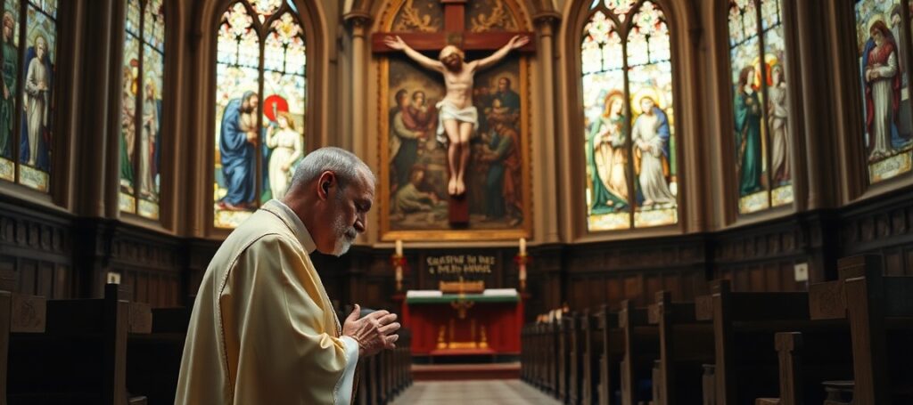Ksiądz w tradycyjnych szatach modli się przed krzyżem w starym kościele, wyrażając głęboką troskę o zbawienie Żydów