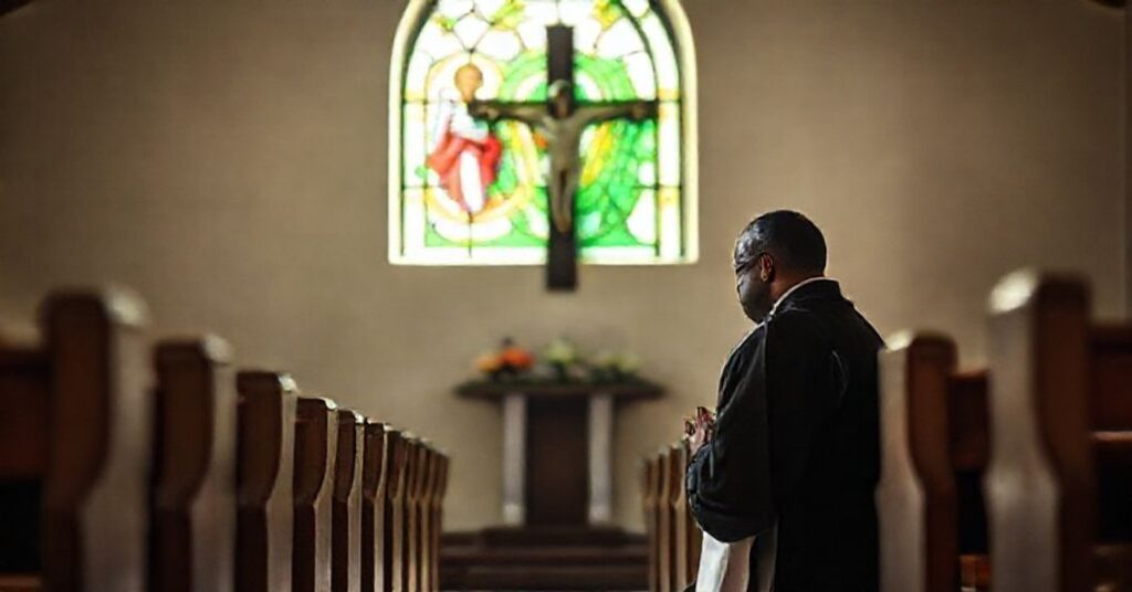 Kneeling Catholic priest in a Nigerian chapel praying before a crucifix; stained-glass window with the Sacred Heart of Jesus; blurred background of persecuted Christians.
