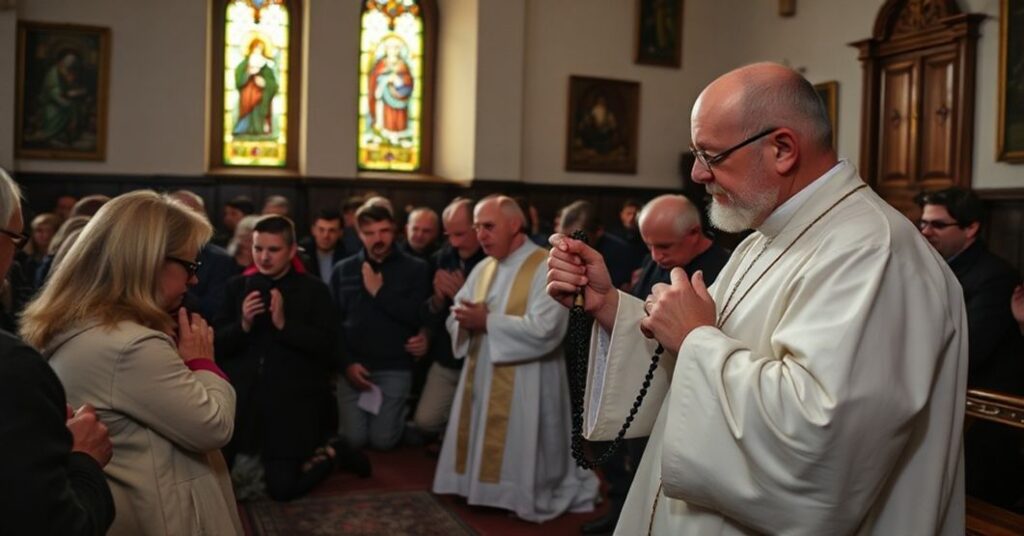 Grupa katolików modli się w kaplicy z ks. tradycjonalistą za prześladowanych chrześcijan