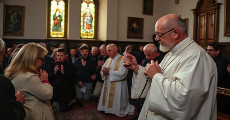 Grupa katolików modli się w kaplicy z ks. tradycjonalistą za prześladowanych chrześcijan
