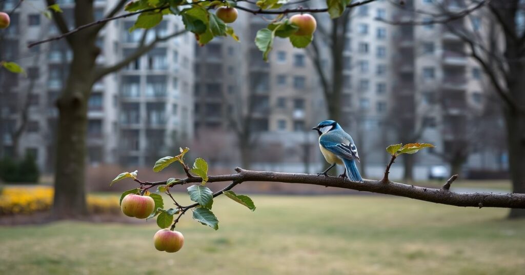 Modraszka na gałęzi jabłoni w Sadach Żolborskich przed tłem socrealistycznych budynków z epoki Gomułki.