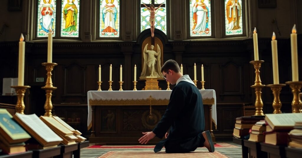 Młody seminarzysta modli się przed tradycyjnym ołtarzem katolickim przy świecach i krucyfiksie w starożytnych książkach liturgicznych i mszałach trydenckich