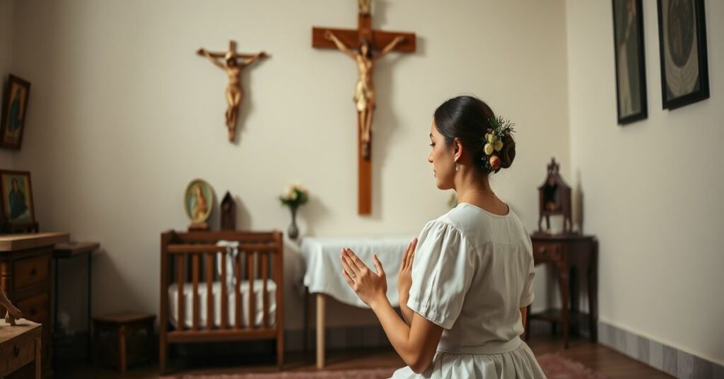 Młoda katolicka matka w tradycyjnym białym stroju modli się przed krzyżem w skromnym pokoju.