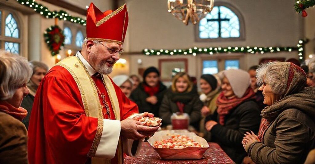 Fotografia pokazująca niekanonicznego hierarchę Mieczysława Mokrzyckiego rozdającego słodycze podczas wigilijnego spotkania w Domu Miłosierdzia w Brzuchowicach. Scena brakuje autentycznego katolickiego ducha miłosierdzia.