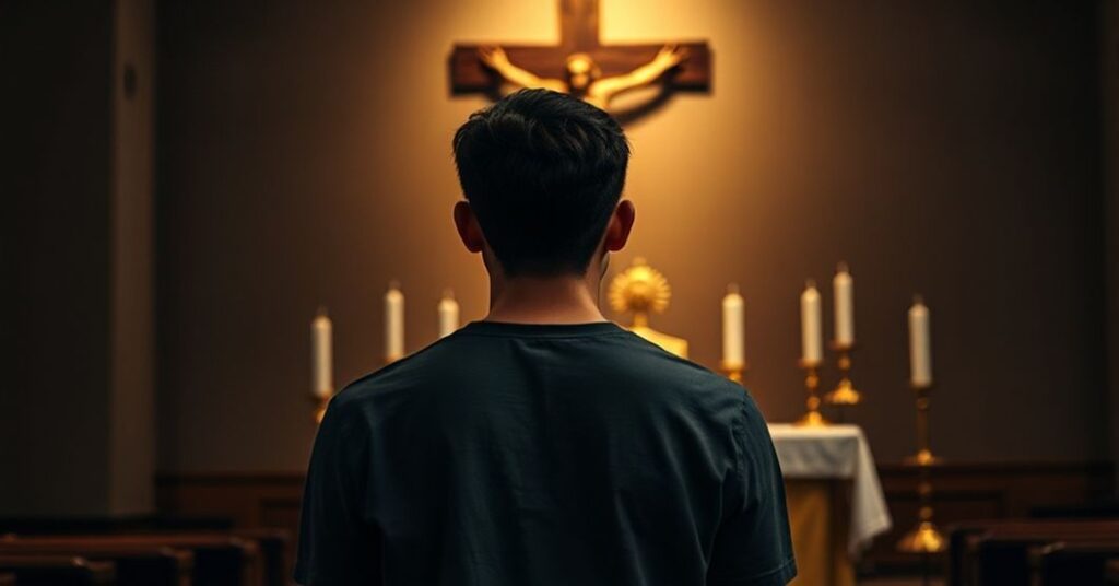 Młodzieniec modli się przed krzyżem w tradycyjnym kościele podczas Bożego Narodzenia