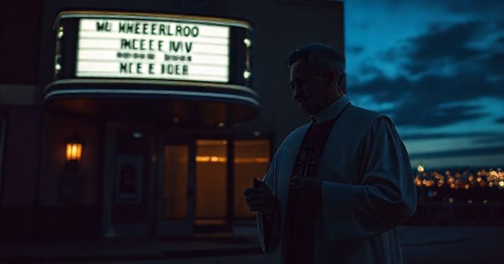 Ksiądz w tradycyjnych szatach stoi przed kinem w ciemności