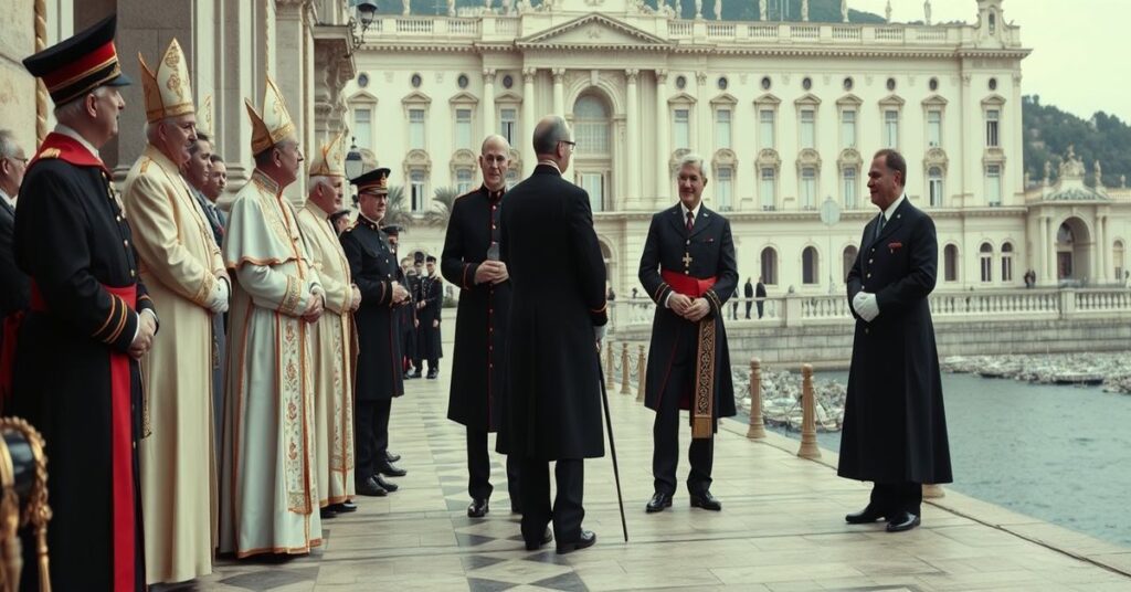 Obraz przedstawiający rzekomego Leona XIV w Monako z Księciem Albertem II na tle Pałacu Książęcego, symbolizujący apostazję modernistyczną w kościele.
