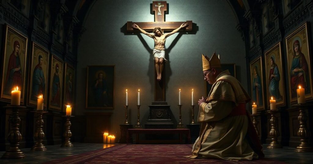 Prawowity monarch francuski w modlitwie przed krzyżem w tradycyjnym katolickim kościele.