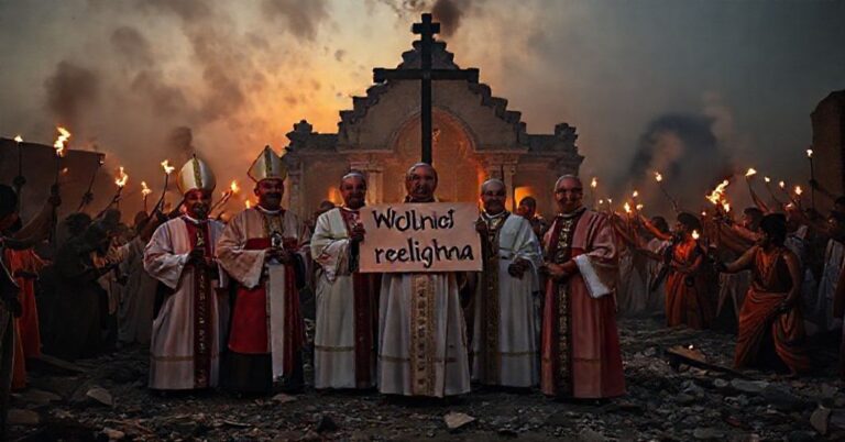 Portret katolickiego duchowieństwa w tradycyjnych ornatach stojącego w ruinach świątyni hinduistycznej otoczonego przez hinduskich bojówkę z pochodniami.
