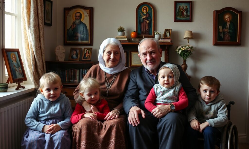 Obraz przedstawiający Monikę i Zdzisława Panek z Domaradza pod Rzeszowem wraz z pięciorgiem niepełnosprawnych dzieci w tradycyjnym katolickim domu.