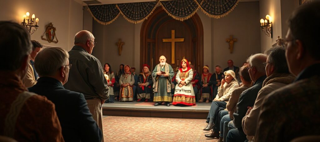 Zdjęcie przedstawia monodram 'Mędrole' w Ludźmierzu oparty na tekstach ks. prof. Józefa Tischnera, bez religijnej symboliki