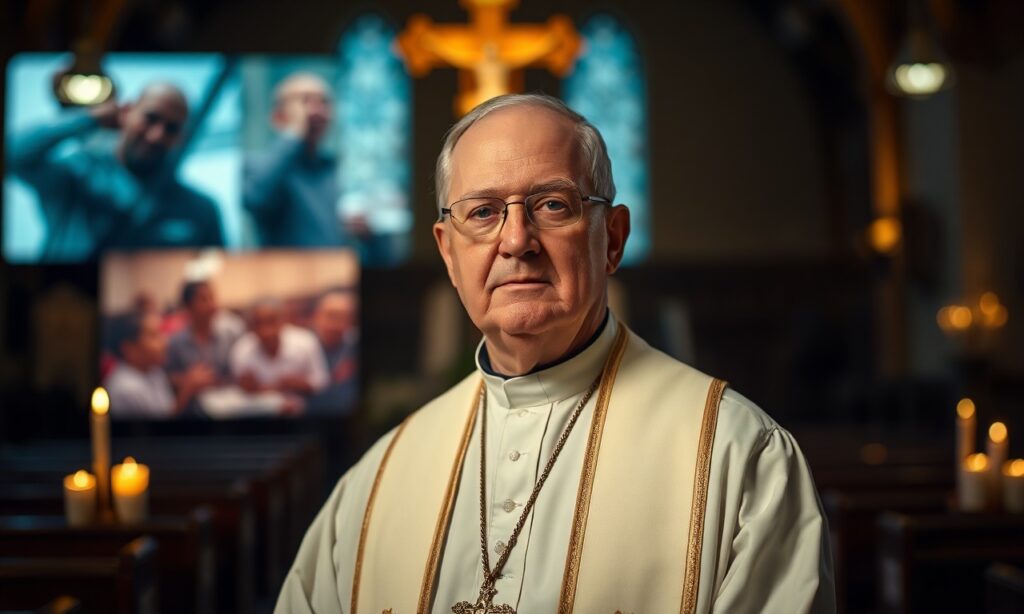 Portret Monsignora Roberta Colla w tradycyjnym kościele katolickim z krzyżem i świecami w tle.