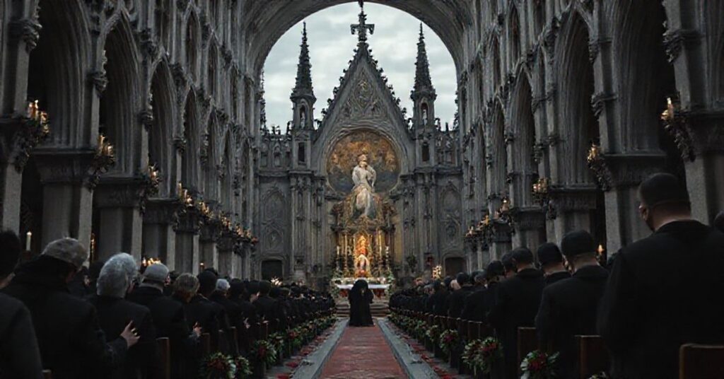 Sanktuarium Matki Boskiej Montligeon - neogotycka bazylika pod szarymi chmurami z pielgrzymami modlącymi się w smutnym nastroju