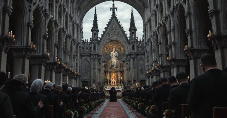 Sanktuarium Matki Boskiej Montligeon - neogotycka bazylika pod szarymi chmurami z pielgrzymami modlącymi się w smutnym nastroju