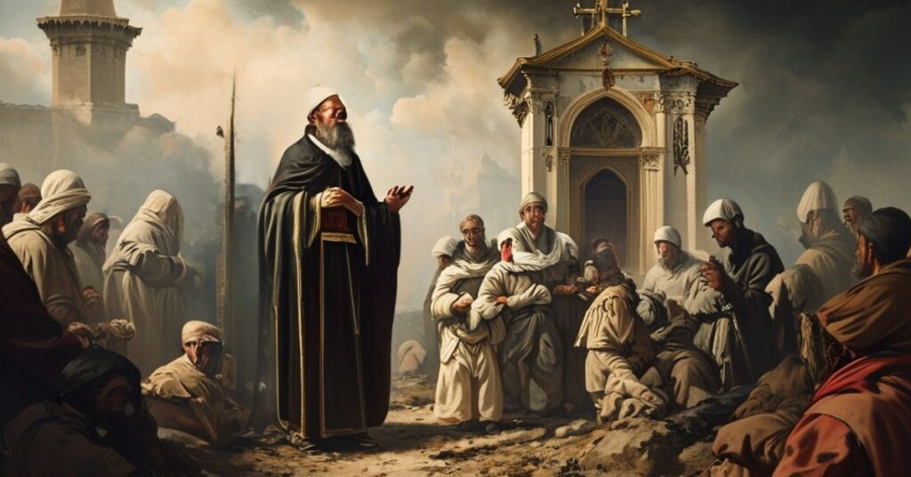 Scena katolicka przedstawiająca konflikt w Mariupolu z postacią księdza modlącego się w ruinach kościoła.