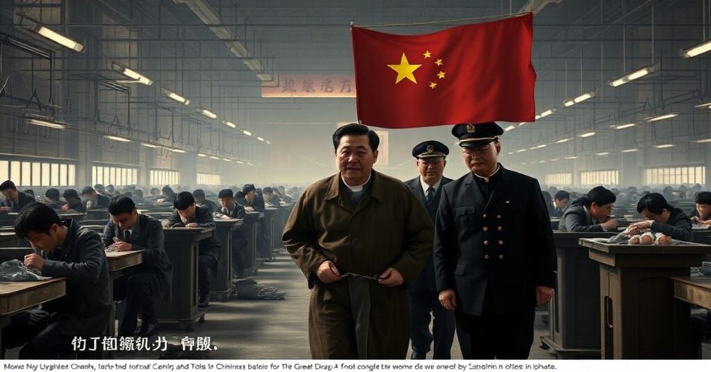 Pracownicy w fabryce w Chinach z wyczerpanymi twarzami pod szorstkim świetłem, na tle aresztowanego katolickiego księdza prowadzonego przez urzędników komunistycznych. Scena zawiera subtelne odniesienia do przymusowej sterylizacji i poronionych dzieci w pojemnikach na odpady medyczne pod cieniem Wielkiego Muru.