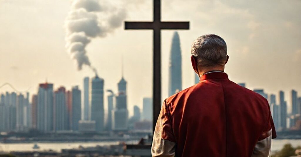 Ksiądz w tradycyjnym stroju liturgicznym przed pejzażem przemysłowym Szanghaju, symbolizujący moralny konflikt współpracy gospodarczej z antykatolickim reżimem.