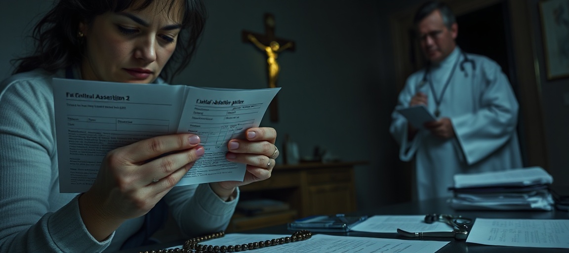 Kobieta trzyma receptę na tabletki aborcyjne w klinice medycznej z krzyżem i księdzem w tle.