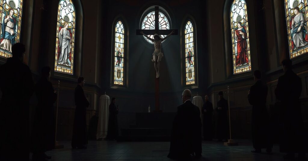 Obraz przedstawiający kapłana modlącego się przed krzyżem w ciemnym wnętrzu kościoła z postaciami ofiar w tle, symbolizujący moralne bankructwo franciszkanów kalifornijskich.